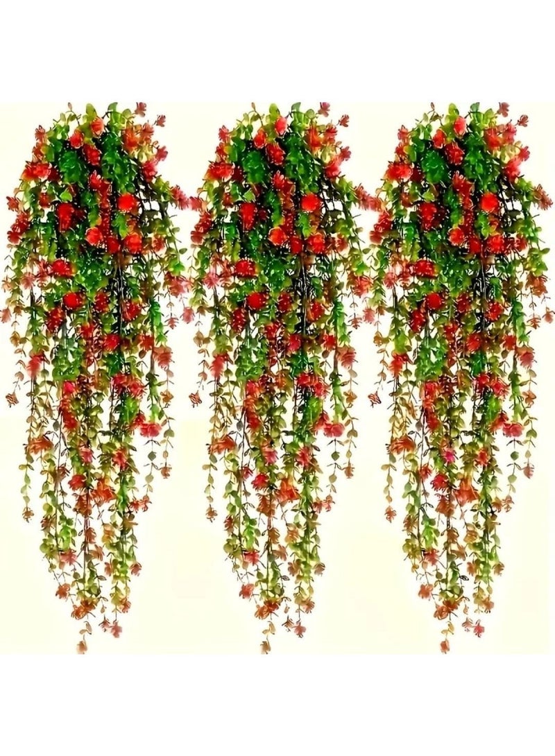 إل ديس مجموعة من 3 نباتات كاميلينا اصطناعية معلقة – بأوراق حمراء وخضراء زاهية لتزيين المنزل والأماكن الخارجية، خضرة كثيفة واقعية مع زهور اصطناعية، مثالية للأعراس والحفلات والديكور في المناسبات والأعياد - Image 2